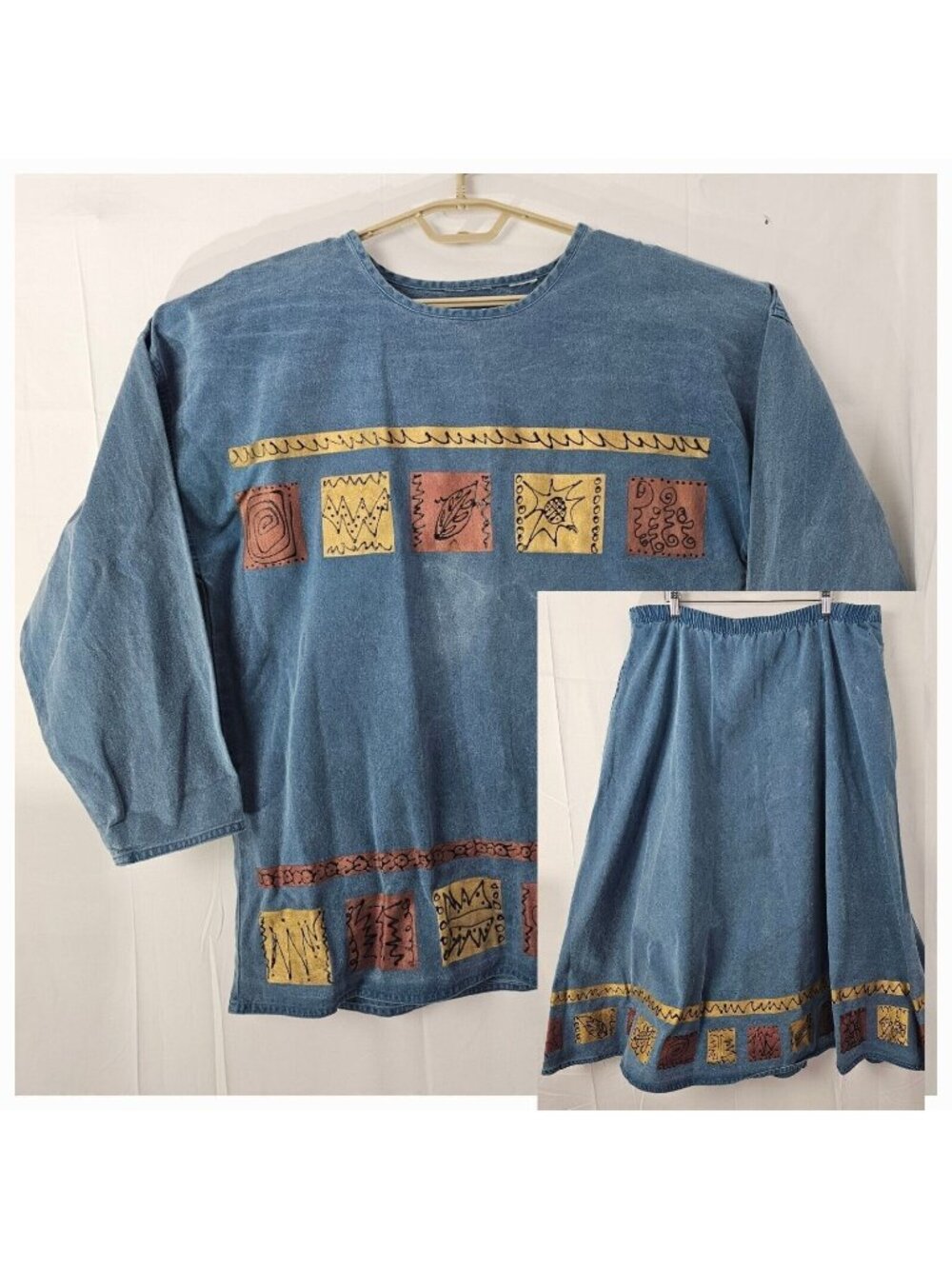 Vintage Denim Outfit Shirt & Skirt Womens Large Blue Made in USA Cottagecore
